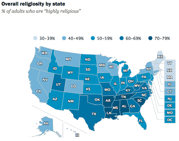 Overall Religiosity by State in USA